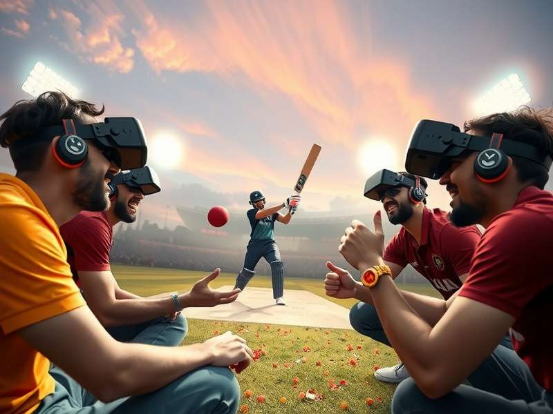 Group of Indian friends playing VR Cricket Elite Clash together, showing excitement