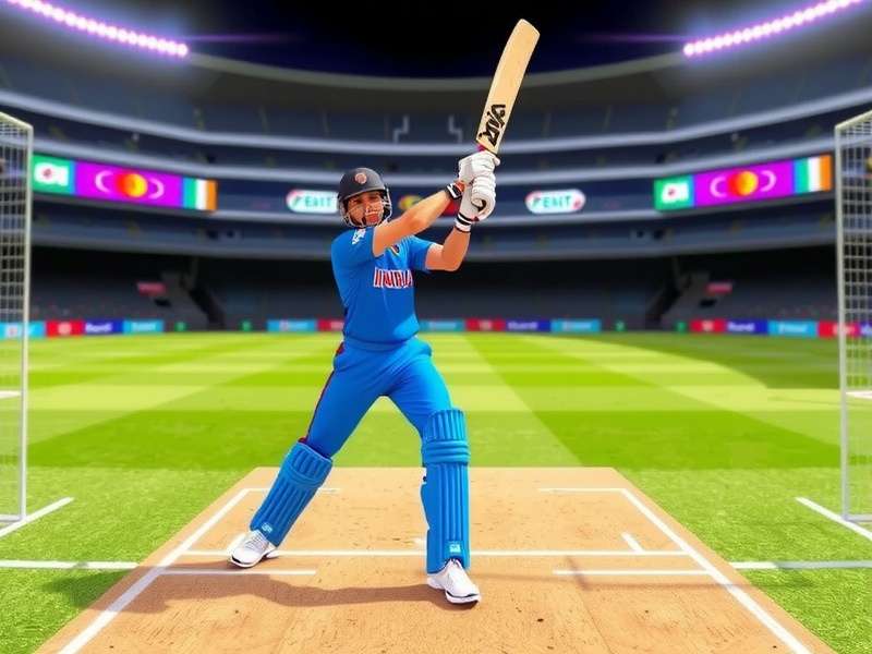 Indian player batting in VR Cricket Elite Clash, showing proper technique with VR controllers